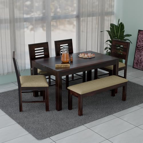 Image of 57 Inch Length Solid Sheesham Wood 6 Seater Dining Table Set | Six Seater Dinner Table with 4 Cushions Chairs & 1 Bench | Dinning Table Set 6 Seater for Living Room | Walnut Finish