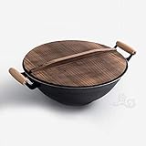 Gusseisen-Pfanne Inkl. Holzgriffschutz, Bratpfanne, Grillpfanne Für Gasgrill, Backofen Und Induktion Geeignet,Binauraler Wok, Chinesische Unbeschichtete Flache Gusseisenpfanne,40CM