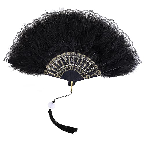 MWOOT Negro Marabú Abanico Plumas, 1920s Mano Abanico de Plumas,20s Antiguo Ventilador Mano para Traje Víspera Todos Santos Espectáculo Baile Fiesta Té Boda Decoración