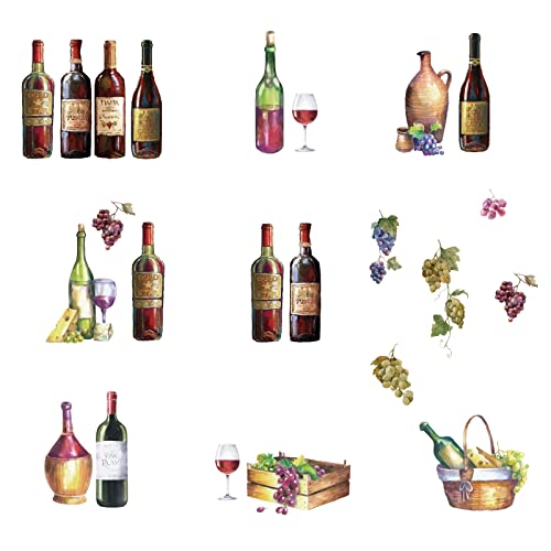SUPERDANT 9 PCS Bouteille de Vin Stickers Muraux Aquarelle Rouge Bouteille de Vin Cuisine Décoration Thème Wall Sticker Raisins Oeuvre Bâton Fruit Sticker Mural pour Cuisine Salle à Manger Maison