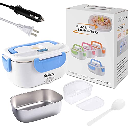 Electric Lunch Box,Portable Food Warmer Heating,Food-Grade Stainless Steel Container, 12V 110V 40W Adapter, Car Truck Home Work Use,Spoon and 2 Compartments Included,Blue