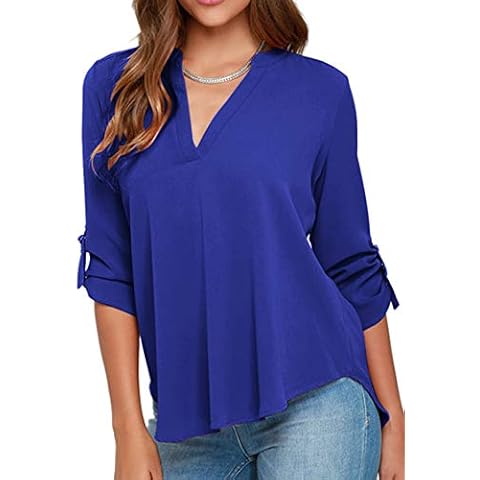 TYQQU Ladies Tops V-Neck Comfortable T-Shirt Jumper Tops Solid Color Sweatshirt Light Blue L Cover