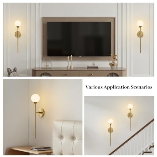 Image of Single Gold Globe Glass Wall Sconce with Milk White Glass Shade