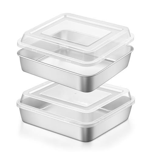 LIANYU 8 x 8 Square Baking Pan with Lid, 8 Inch Stainless Steel Cake Baking Pan Set of 2, Bread Cake Brownie Metal Bakeware Set, Heavy Duty & Dishwasher Safe (2 Pans + 2 Lids)