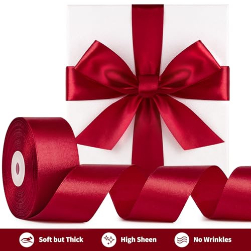 Image of Mauproy 1-1 /2 Inch Wide Wine Red Satin Ribbon, 50 Yards Solid Polyester Fabric Ribbon for Roses Making, Gift Wrapping, Flower Bouquets, Wedding Decorations, Handmade Crafts