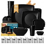 Teivio 88-piece With Flatware Plastic Kitchen Wheat Straw Square Dinnerware Set for 8, Unbreakable Dinner/Salad/Appetizer Plates, Snack Bowls, Dipping Sauce Cups,Tumblers, Dishwasher Safe Dish,Black