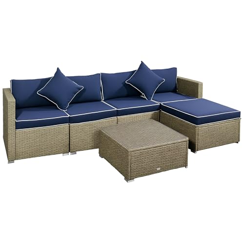 Outsunny 6 Piece Patio Furniture Set Outdoor Wicker Conversation Set All Weather PE Rattan Sectional Sofa Set with Ottoman, Cushions and Tempered Glass Table, Mixed Yellow and Navy Blue