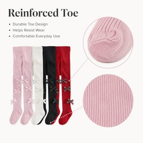 Image of VIKITA Girls Ribbed Tights with Bow - Soft Daily Knitted Leggings