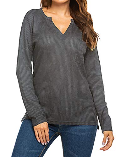 Qearal Women's Fall Long Sleeve Side Slit Loose Casual Pullover Tunic Tops Grey L