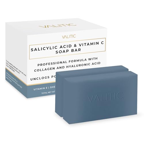 VALITIC Salicylic Acid and Vitamin C Soap Bar - Facial Cleanser and Exfoliating Body Wash for Blackheads, Enlarged Pores and Blemish Skin with Collagen, Hyaluronic Acid, Vitamin E - 2 Pack