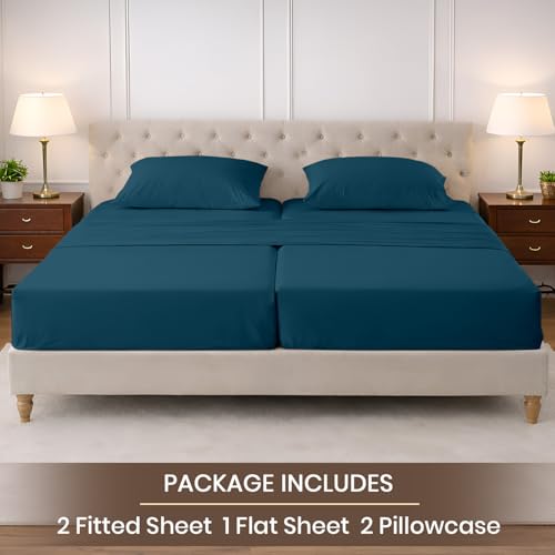 Image of SGI Split King Sheet Set for Adjustable Bed Egyptian Premium Cotton 600 Thread Count Sheets for Sleep Number Bed 15 inch Deep Pocket 5 Pc Set with 2 Twin XL Fitted Sheets Soft Breathable -Teal
