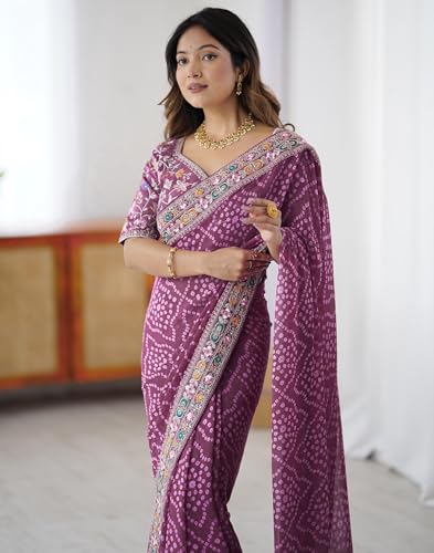 Image of SIRIL Women's Georgette Bandhani Printed Saree with Unstitched Blouse Piece