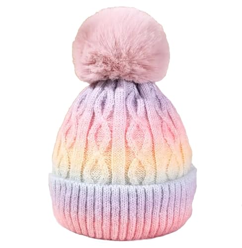 OnlyBee Warme Wintermütze für Mädchen und Kinder, Batikfärbung, Regenbogen, Grobstrick, Alter 3 bis 7 Jahre, Rosa, Lila, Gelb, 3-7 Jahre