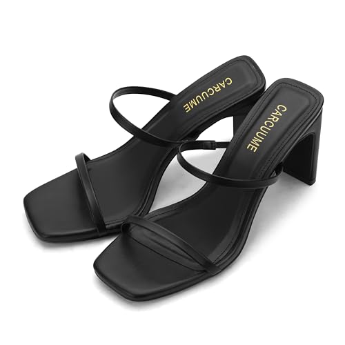 Image of Carcuume Women's Square Toe Two Strap Open Toe Block Heels Sandals Slip On Shoes
