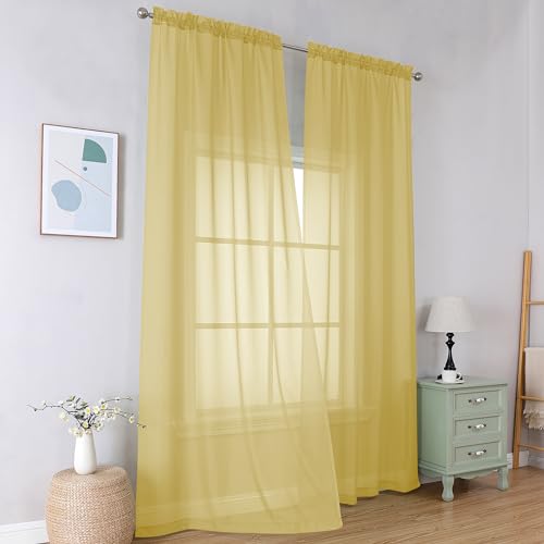 Image of Simplebrand Yellow Sheer Curtains 96 Inches Long, Light Filtering Rod Pocket Solid Color Window Sheer Curtain Panels, Elegant Curtains & Drapes for Living Room, Bedroom 2 Panels, 42 inch W x 96 inch L