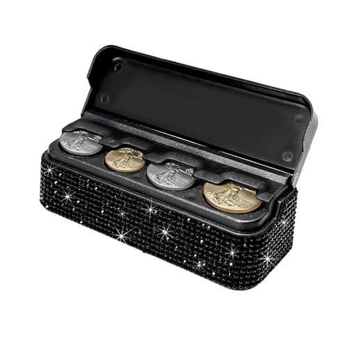 DXNQ Bling Coin Holder for Car, Sparkling Rhinestone Vehicle Coin Oraganizer with 4 Compartments, Portable Crystal Car Storage Coin Money Dispenser, Car Coin Change Organizer Accessory (Black)