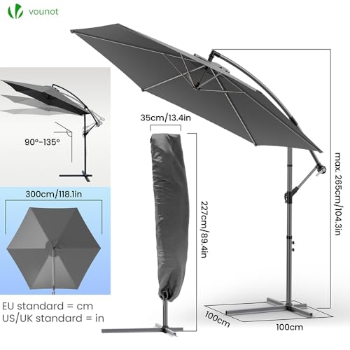 Parasol de Jardín VOUNOT 300 cm Gris Protege del Sol con Comodidad 7