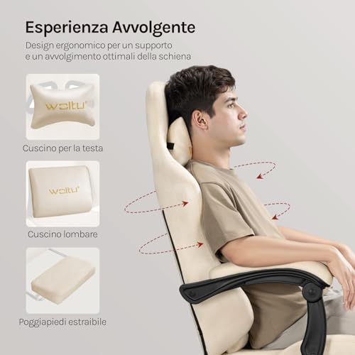 Sedia da gaming, Sedia Gaming Ergonomica con Ruote Silenziose, Altezza e Inclinazione Regolabile, con Braccioli Sincronizzati e Poggiapiedi, in Tessuto Scamosciato, Crema - Sedia gaming - Immagine 3