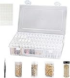64 Slots Saatgut Aufbewahrung, Kunststoff Saatgut Aufbewahrungsbox mit 112 Etikettenaufklebern und Pinzette, Tragbare Samen Organizer für Gemüsesamen, Blumensamen, Diamond Painting Zubehör, Perlen