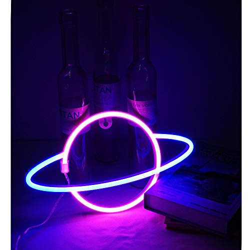 NiniTe LIGHTS Planet Neon Light, Cute Neon Planet Sign, Battery or USB Powered Night Light as Wall Decor for Kids Room, Bedroom, Festival, Party (Pink and Blue)