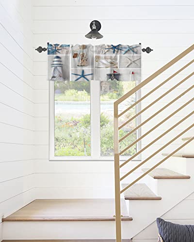 Nautical Valance Curtain For Window,Coastal Lighthouse Starfish Collage Plaid Rod Pocket Kitchen Valances Short Curtain Panel Summer Beach Conch Window Treatment Drape For Bathroom/Bedroom/Cafe #TOP5