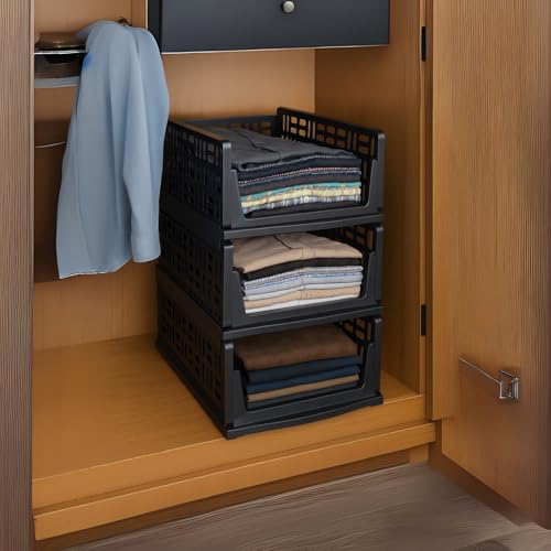 Image of Foldable Drawer Organizer with Stackable Storage Boxes for Wardrobe & Cupboard | Multipurpose Space Saving Storage Bins for Clothes, Toys, Books & Daily Essentials, Black (Pack of 3)