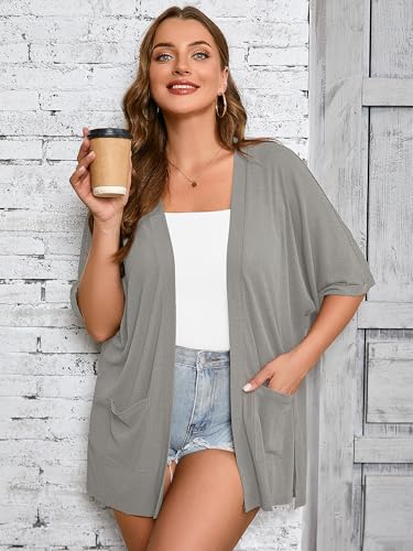 Image of AusLook Plus Size Cardigan for Women Short Sleeve Lightweight Open Front Shrug with Pockets for Dresses and Layering 1X-5X