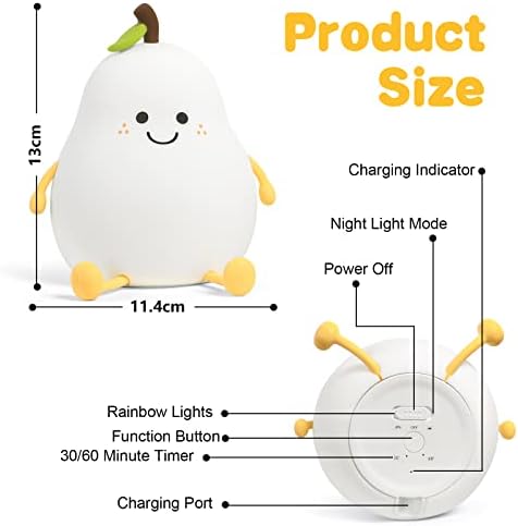 URAQT LED lampka nocna w kształcie gruszki, 7 kolorów ciepłe światło lampka nocna, silikonowa lampka nocna dla dzieci z akumulatorem USB, z czujnikiem, odpowiednia do pokoju, sypialni