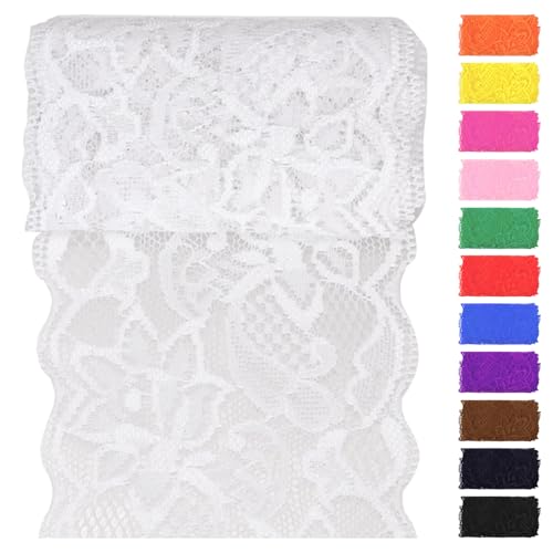 Swpeet Ruban élastique en dentelle blanche de 4,6 m x 8 cm de large, ruban élastique à coudre pour vêtements, bandeaux, fabrication de bouquets de mariage,...