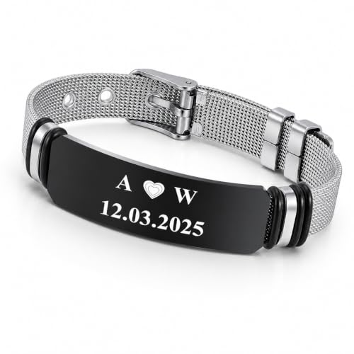 Gamtic Personalized Bracelet for Men Custom Engraved Initial Bracelet,Stainless Steel Id Bracelet Black Bracelets for Husband Boyfriend
