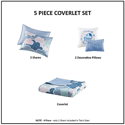 Intelligent Design Kids Reversible Cotton Quilt Set - Vibrant Fun, Playful Print, All Season Children Bedding Coverlet Bedspread, Decorative Pillow, Bedroom Décor, Full/Queen, Cloud Blue 5 Piece - Thumbnail 6