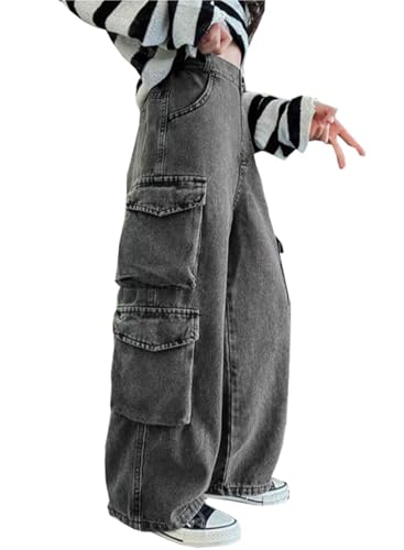 Kids Girls Casual High Waist Wide Leg Denim Pants Cargo Pants Straight-Leg Jean Pants with Large Pockets3