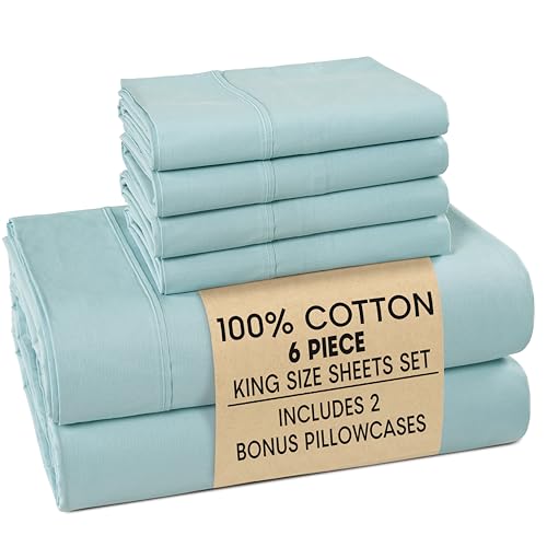 Casa Platino King Sheets Sets  100% Cotton King Sheets Cooling with 4 Pillowcases, 15" Deep Pocket Fitted Sheet, Crisp & Smooth Feel, Ultra Soft & Cozy, Fit  Blue Sky