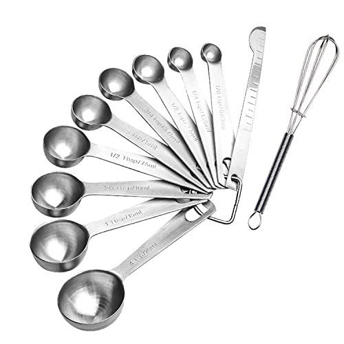 Ausemo Cucharas Medidoras de Acero Inoxidable Juego Apilable de 11 Piezas con Nivelador Minibatidor Cucharadita Cuchara para Ingredientes Secos y Líquidos