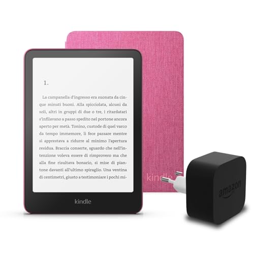 I'ultimo Kindle Paperwhite (versione 2024) da 16 GB con pubblicità, una copertura in tessuto Amazon e un alimentatore Amazon Powerfast da 9 W.