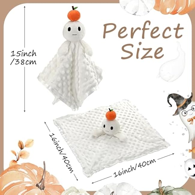 16 in Halloween Pumpkin Ghost Security Blanket Loveys for Babies Newborn Infant Toddler Orange Soft Stuffed Security Blanket with Toy Rattle Lovely Plush Sleeping Snuggle Gifts Baby Gifts