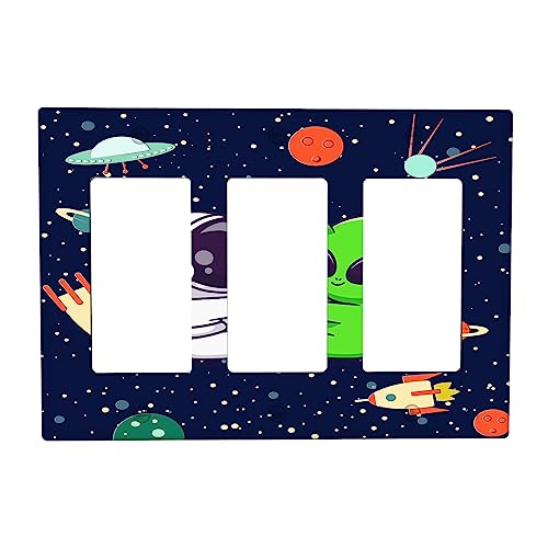 Cartoon Astronaut Light Switch Cover Outlet Covers Triple Rocker Wall Plate Electrical Faceplate, Funny Alien UFO Planet Rocket Light Switch Plate Decorative Wallplate Plug Cover