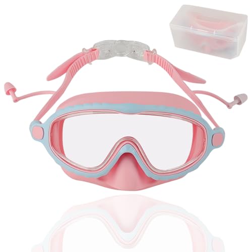 Image of PROBEROS Swimming Goggles for Kids, 2-in-1 Wide View Goggles Lenses with Anti-Choke Nose Cover & Intergrated Earplugs, Adjustable Headstrap No Pressure Swim Goggles for Children for 4-12 Years, Pink