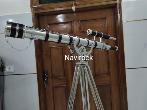 Vintage Brass Telescope Chrome Finish Nautical Floor Standing Wooden/Brass Adjustable Tripod Brown Leather Wrap Handicarft Double Barrel Collectibles 64'' Antique Spyglass Marine Design - Image 8