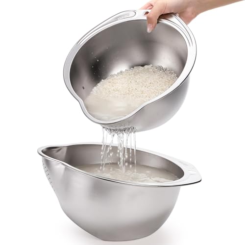 Prygew 2 Pack Rice Washer Strainer Bowl, Stainless Steel Colander