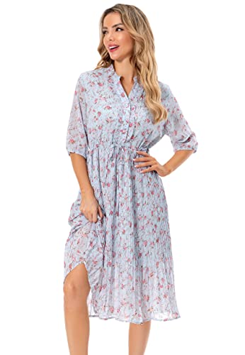 Image of Shineflow Women's Short Sleeve V-Neck 3 /4 Sleeve Button Up Chiffon Floral Pleated Midi Swing Dress with Belt