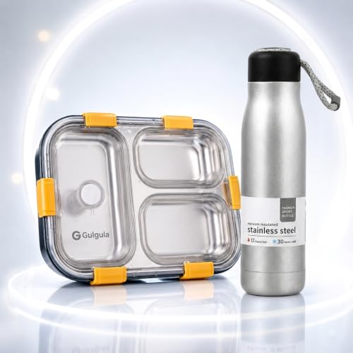 Image of Stainless Steel 3 Compartment Lunch Box with Leakproof Lid,Reusable Water Bottle & Spoon Set,Bento Style Tiffin Box for School,Office, College, Picnic,Travel & Daily (Bottle Multicolor)