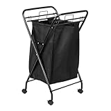 Household Essentials Rolling Laundry Hamper, Heavy Duty Canvas Bag, 2 Load Capacity, Foldable Frame, Black Bag with Velcro Fasteners, Black