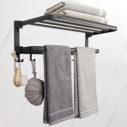 Bathroom Towel Rack Foldable Wall Mounted Shelf with Double Bars and Hooks Aluminum Organizer for Towel Storage for Bathroom and Restroom (15.7 Inch Gunmetal Grey)