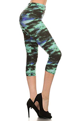 Leggings Depot High Waisted Floral & Space Print Leggings for Women-Capri-R554, Green Galaxy, One Size