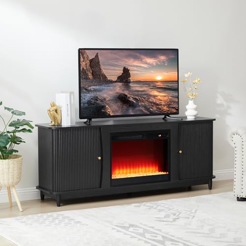 Image of Fireplace TV Stand, Fluted TV Stand with Storage and Sliding Door, Farmhouse Entertainment Center Media Console Table for Living Room (Black)