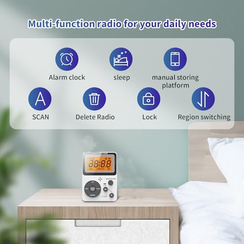 Pocket AM FM Radio, Personal Portable Digital Small Radio with Stereo Earphone, Battery Operated by 2 AAA(Not Included), Manual Preset, Large Screen, Lock Key, Sleep Timer