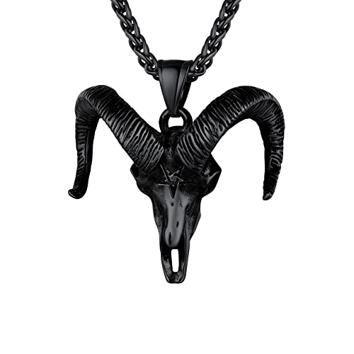 U7 Jewelry Ion Plating Black Metal On Stainless Steel Inverted Pentacle Gothic Skull Satanic Goat Head Pendant Necklace With 22" Rope Chain #TOP27