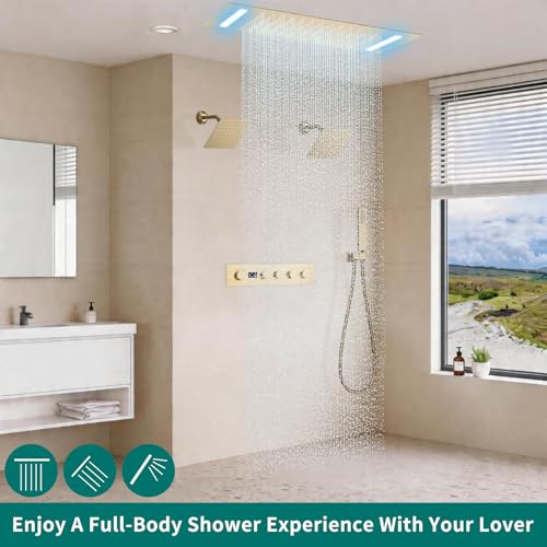 Set de ducha con grifería de techo 20x14 pulgadas, cabezal de ducha LED, válvula termostática con pantalla de temperatura y combinación de dos cabezales de ducha de pared de 8 pulgadas y ducha de mano (oro cepillado) miniatura 2