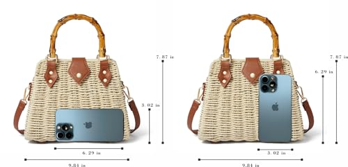 Woven Straw Handbag with Bamboo Handle, Brown Leather Trim, Crossbody Strap, Natural2